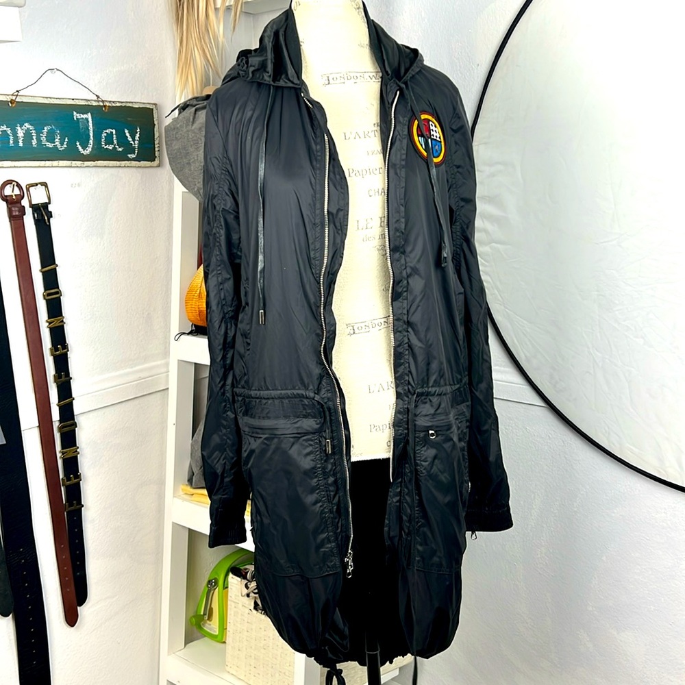 Cordova  🆕 black Hooded Coat Zip Up Pockets Long Tech Trench Jacket Windbreaker